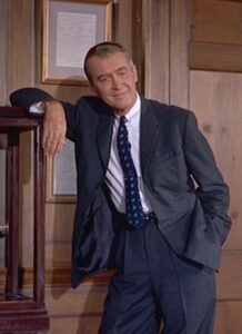 James Stewart in blue flannel suit in Vertigo