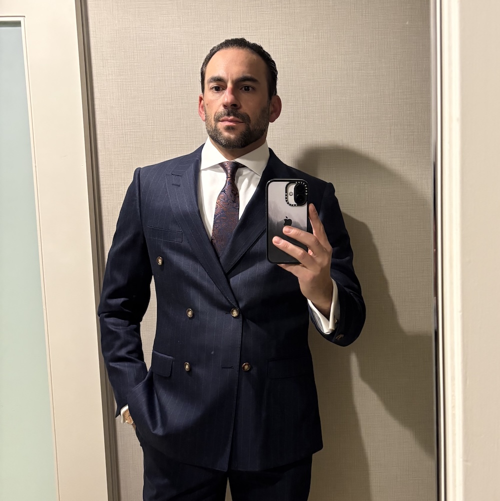 Double breasted navy flannel pin stripe by Giovanni Breaciani